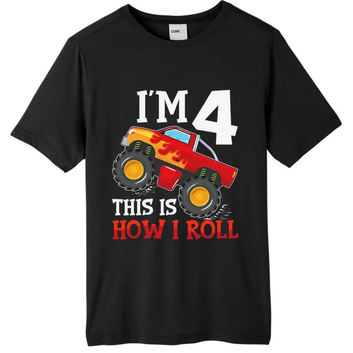 Four 4yr 4th Birthday Monster Truck Boy 4 Years Old Gift ChromaSoft Performance T-Shirt