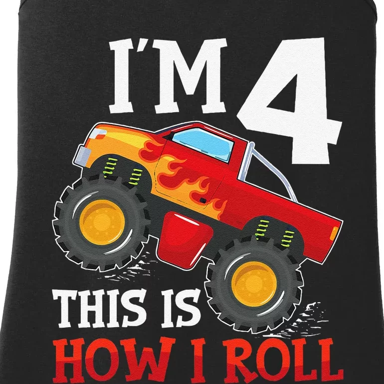 Four 4yr 4th Birthday Monster Truck Boy 4 Years Old Gift Ladies Essential Tank