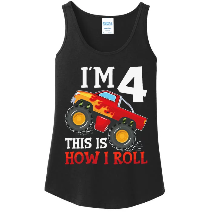 Four 4yr 4th Birthday Monster Truck Boy 4 Years Old Gift Ladies Essential Tank