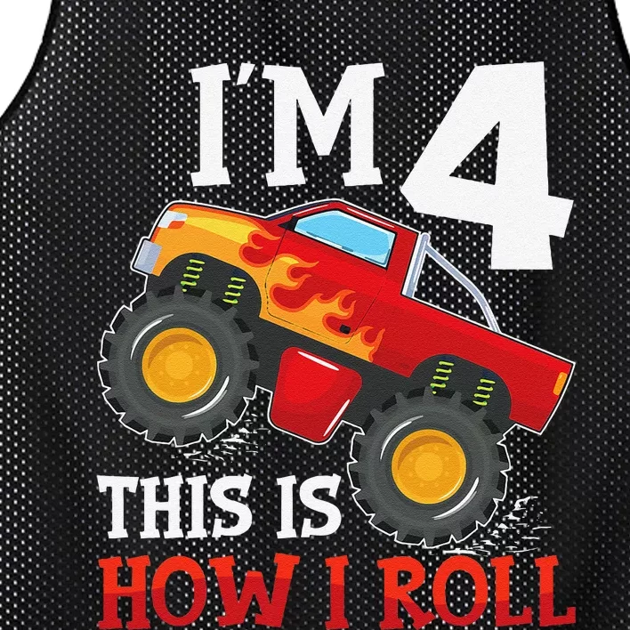 Four 4yr 4th Birthday Monster Truck Boy 4 Years Old Gift Mesh Reversible Basketball Jersey Tank