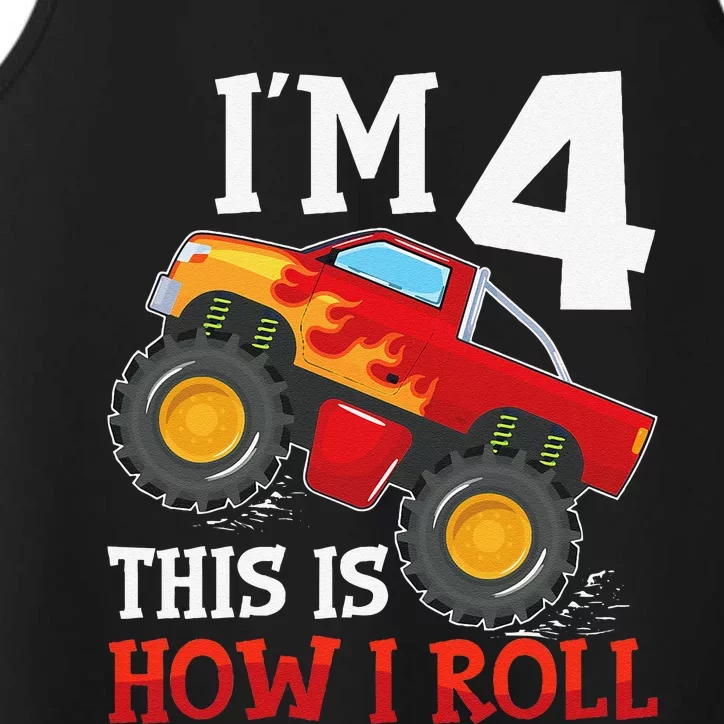 Four 4yr 4th Birthday Monster Truck Boy 4 Years Old Gift Performance Tank