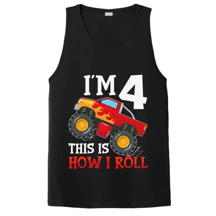 Four 4yr 4th Birthday Monster Truck Boy 4 Years Old Gift Performance Tank