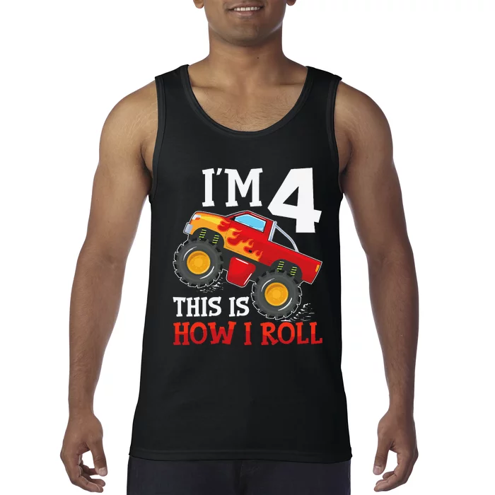 Four 4yr 4th Birthday Monster Truck Boy 4 Years Old Gift Tank Top