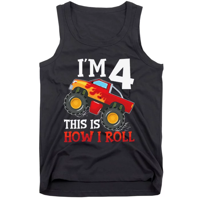 Four 4yr 4th Birthday Monster Truck Boy 4 Years Old Gift Tank Top