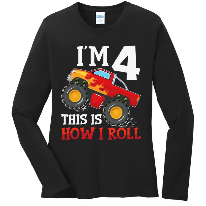 Four 4yr 4th Birthday Monster Truck Boy 4 Years Old Gift Ladies Long Sleeve Shirt