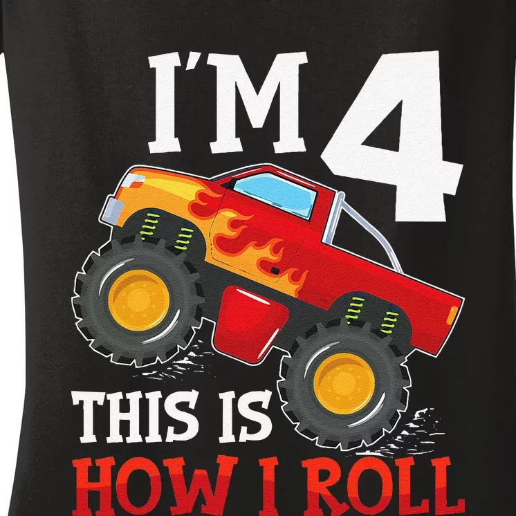 Four 4yr 4th Birthday Monster Truck Boy 4 Years Old Gift Women's V-Neck T-Shirt