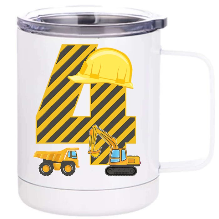 Four 4yr 4th Birthday Construction Outfit Boy 4 Years Old Front & Back 12oz Stainless Steel Tumbler Cup