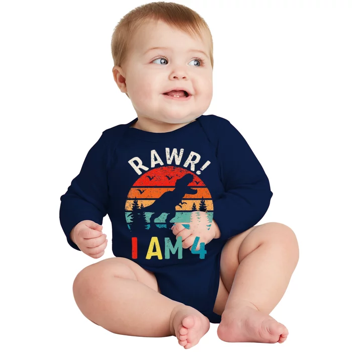 Funny 4th Birthday Dinosaur Rawr Im 4 Year Old For Baby Long Sleeve Bodysuit