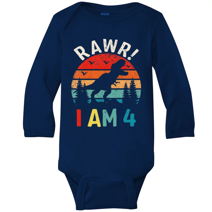 Funny 4th Birthday Dinosaur Rawr Im 4 Year Old For Baby Long Sleeve Bodysuit