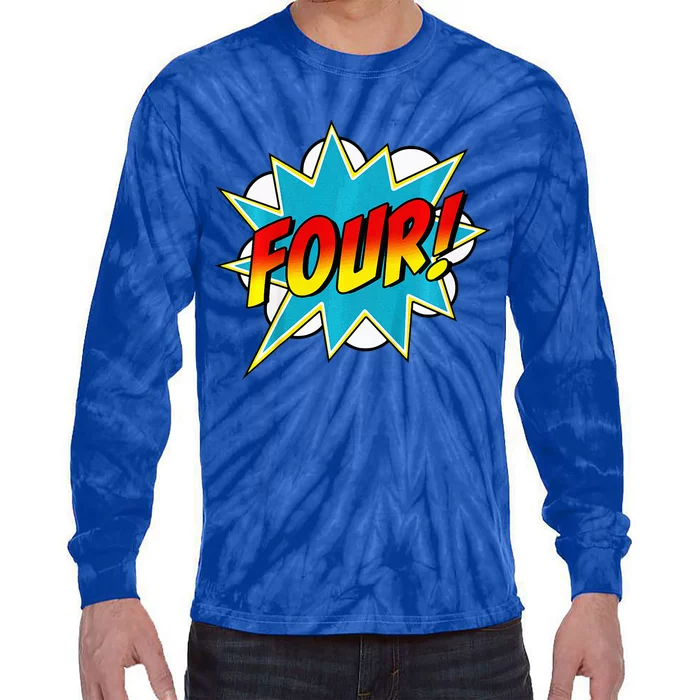 Four! 4th Birthday Superhero 4 Years Old Comic Book Tie-Dye Long Sleeve Shirt