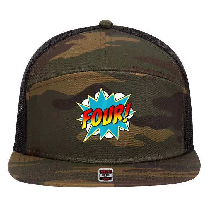 Four! 4th Birthday Superhero 4 Years Old Comic Book 7 Panel Mesh Trucker Snapback Hat