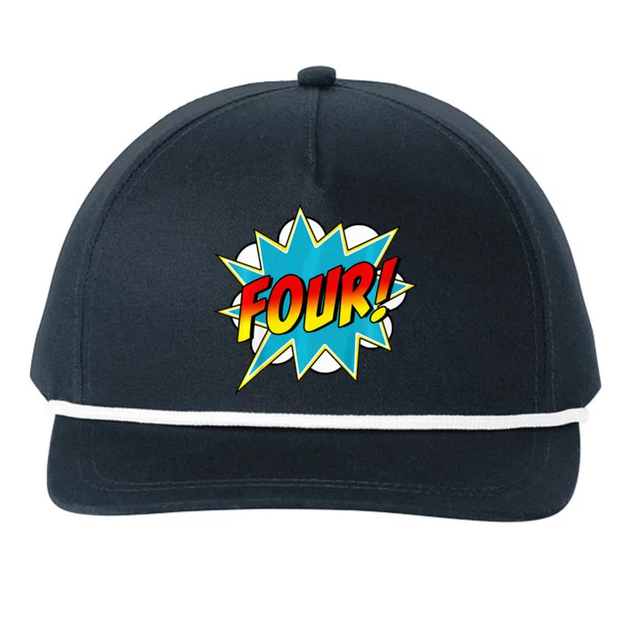 Four! 4th Birthday Superhero 4 Years Old Comic Book Snapback Five-Panel Rope Hat