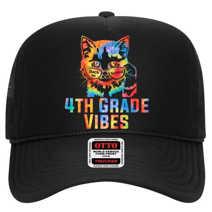 Fourth 4th Grade Vibes Back To School Cat Kitty Girl Tie Dye Gift High Crown Mesh Trucker Hat