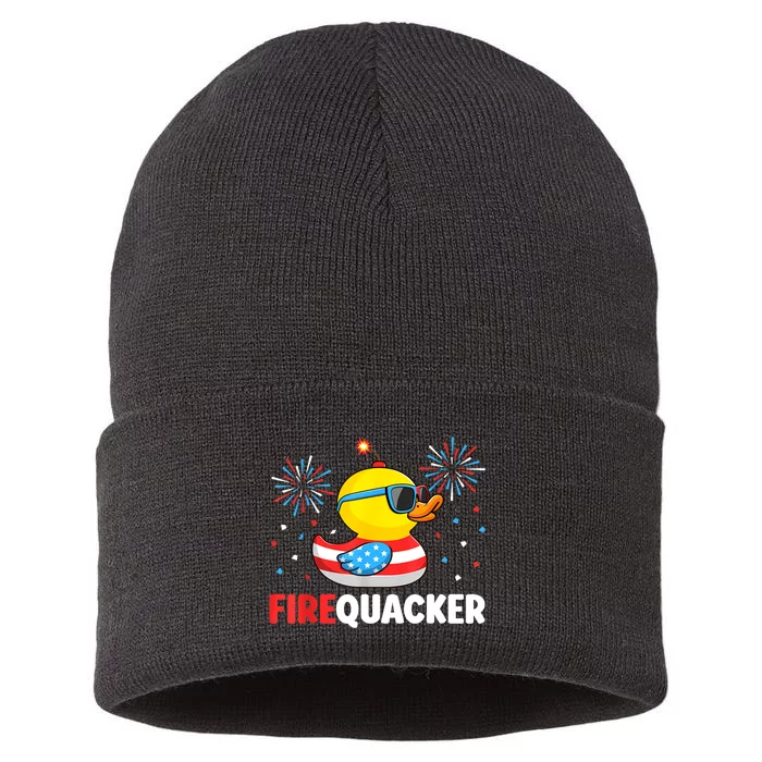 Funny 4th Of July Duck Firequacker Patriotic Fourth Of July Gift Sustainable Knit Beanie