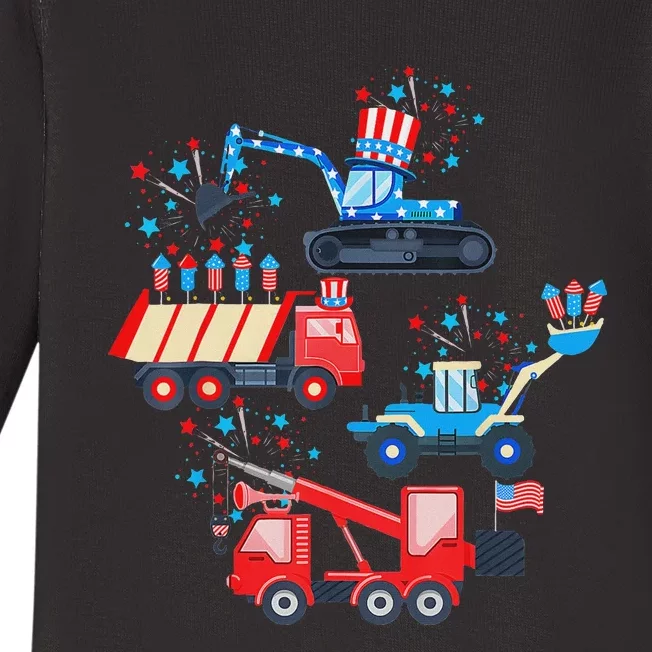 Funny 4th Of July Crane Truck Construction Baby Long Sleeve Bodysuit