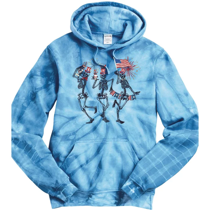 Funny 4th Of July Dancing Skeleton American Flag Tie Dye Hoodie