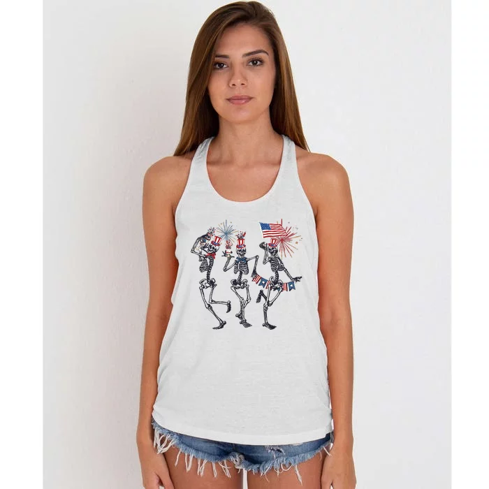 Funny 4th Of July Dancing Skeleton American Flag Women's Knotted Racerback Tank