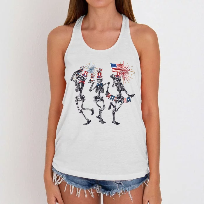 Funny 4th Of July Dancing Skeleton American Flag Women's Knotted Racerback Tank