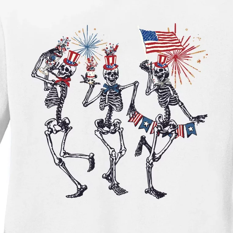 Funny 4th Of July Dancing Skeleton American Flag Ladies Long Sleeve Shirt