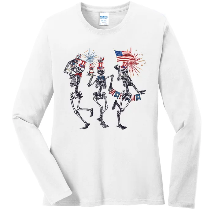 Funny 4th Of July Dancing Skeleton American Flag Ladies Long Sleeve Shirt