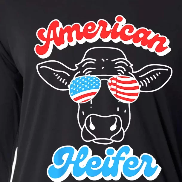 Funny 4th Of July Cow American Heifer Red White And Blue Cooling Performance Long Sleeve Crew