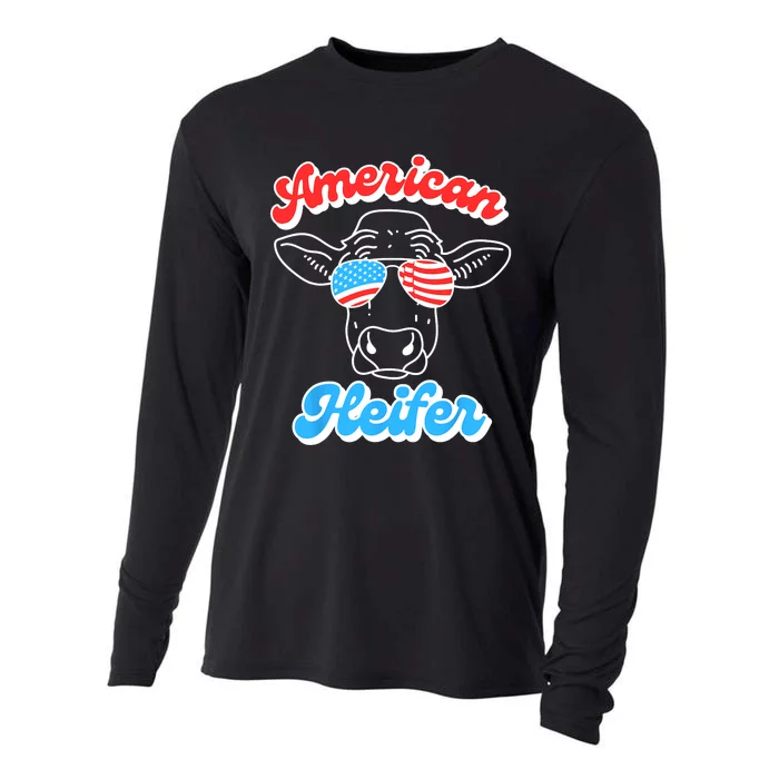 Funny 4th Of July Cow American Heifer Red White And Blue Cooling Performance Long Sleeve Crew