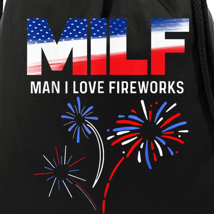 Funny 4th of July shirt MILF Man I Love Fireworks USA Flag Drawstring Bag