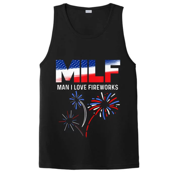 Funny 4th of July shirt MILF Man I Love Fireworks USA Flag Performance Tank