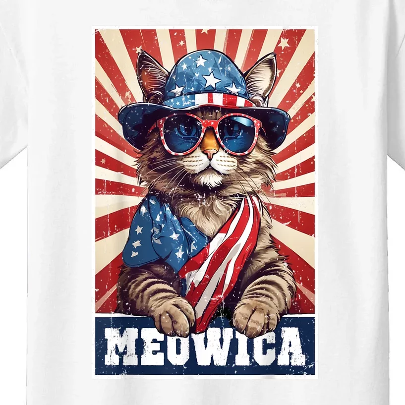 Funny 4th Of July Meowica 4th Of July Cat American Flag Cat Gift Kids T-Shirt