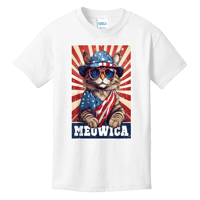 Funny 4th Of July Meowica 4th Of July Cat American Flag Cat Gift Kids T-Shirt