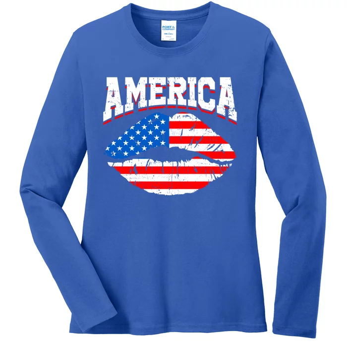 Funny 4th Of July American Flag Lips Mama Mom Sister Great Gift Ladies Long Sleeve Shirt