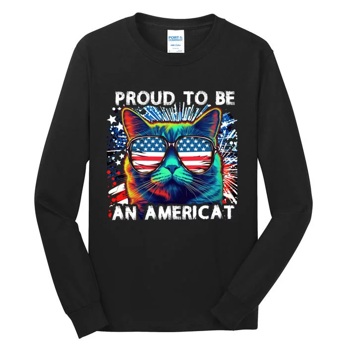 Funny 4th Of July Cat | Proud To Be An Americat Tall Long Sleeve T-Shirt