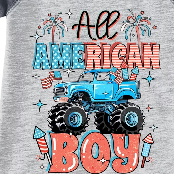 Funny 4th Of July Monster Truck Funny All American Boy Infant Baby Jersey Bodysuit