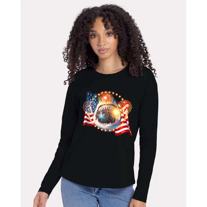 Fourth 4th Of July Fireworks Shark Womens Cotton Relaxed Long Sleeve T-Shirt