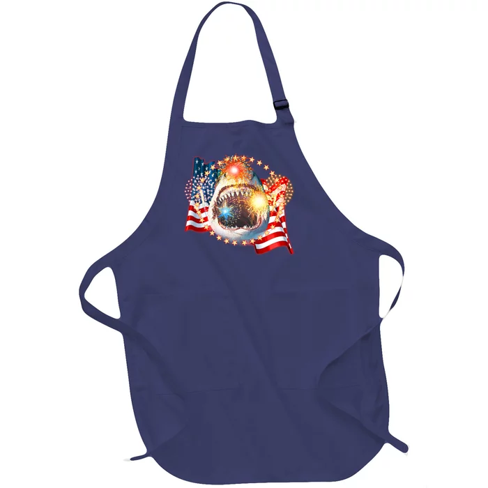 Fourth 4th Of July Fireworks Shark Full-Length Apron With Pocket