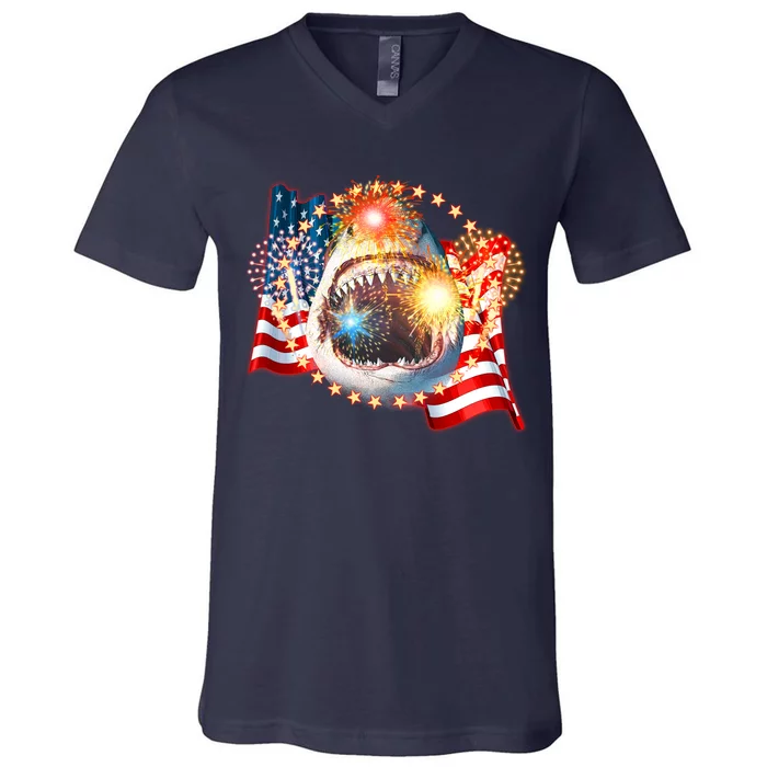 Fourth 4th Of July Fireworks Shark V-Neck T-Shirt