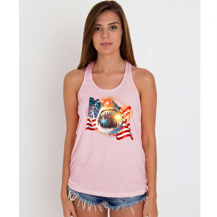 Fourth 4th Of July Fireworks Shark Women's Knotted Racerback Tank