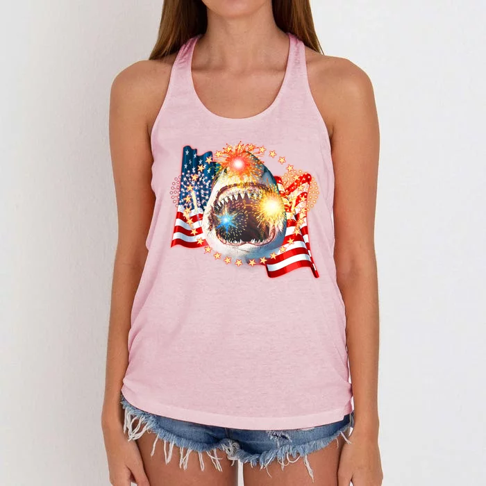 Fourth 4th Of July Fireworks Shark Women's Knotted Racerback Tank