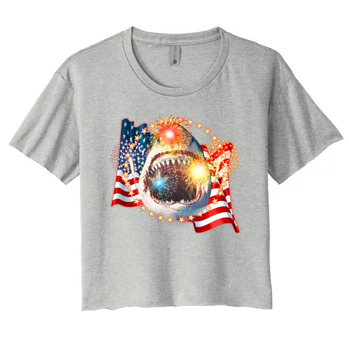 Fourth 4th Of July Fireworks Shark Women's Crop Top Tee