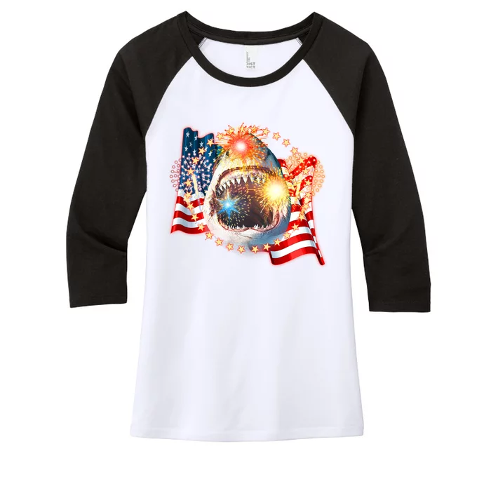 Fourth 4th Of July Fireworks Shark Women's Tri-Blend 3/4-Sleeve Raglan Shirt