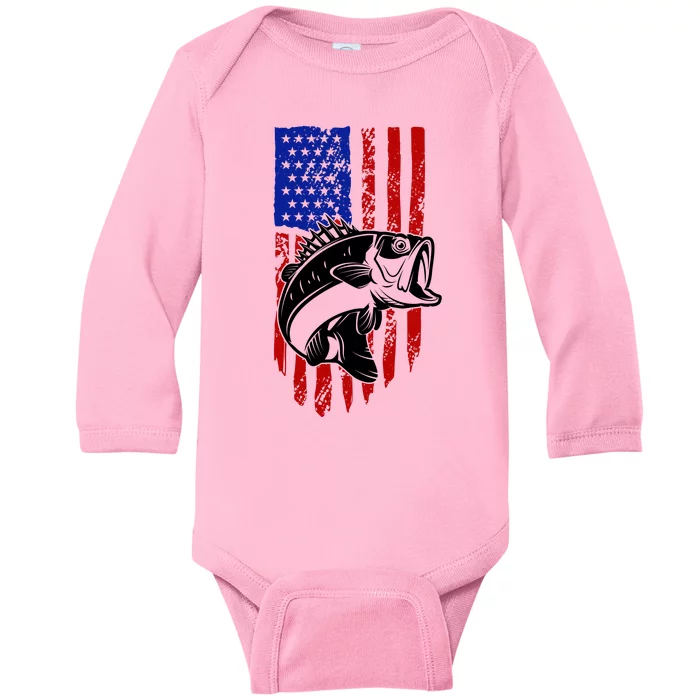 Fishing 4th Of July USA Flag Baby Long Sleeve Bodysuit