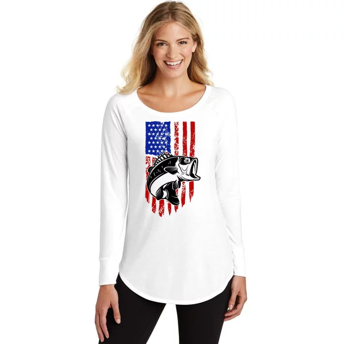 Fishing 4th Of July USA Flag Women's Perfect Tri Tunic Long Sleeve Shirt