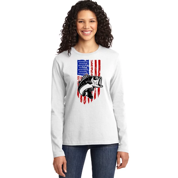 Fishing 4th Of July USA Flag Ladies Long Sleeve Shirt