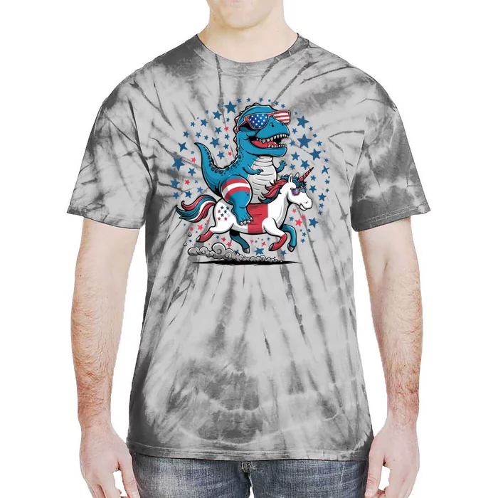 Funny 4th Of July Dinosaur Tyrannosaurus Rex Riding Unicorn Tie-Dye T-Shirt