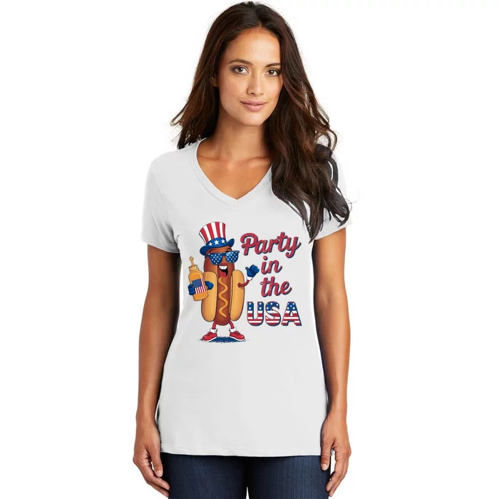 Funny 4th Of July Hot Dog Party In The Usa Women's V-Neck T-Shirt