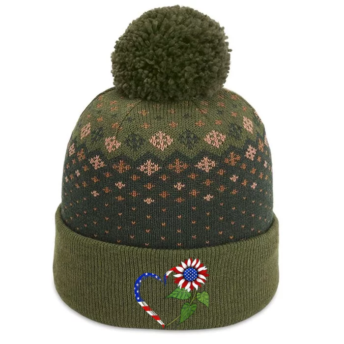 Fourth 4th Of July Sunflower USA American Flag Heart Cute The Baniff Cuffed Pom Beanie