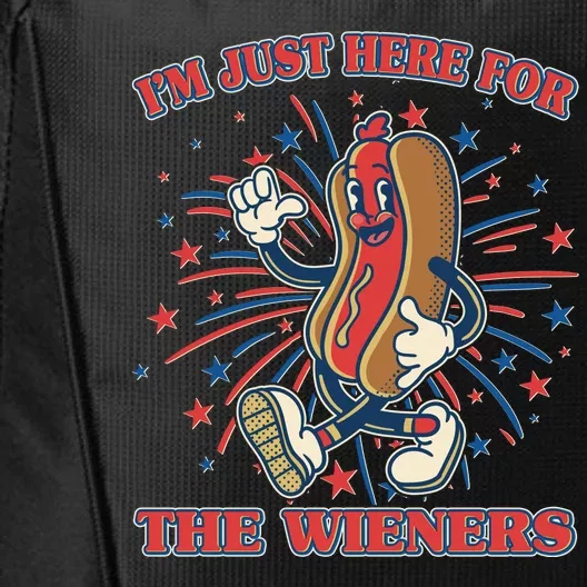 Funny 4th Of July Im Just Here For The Wieners Retro Cartoon Hotdog City Backpack