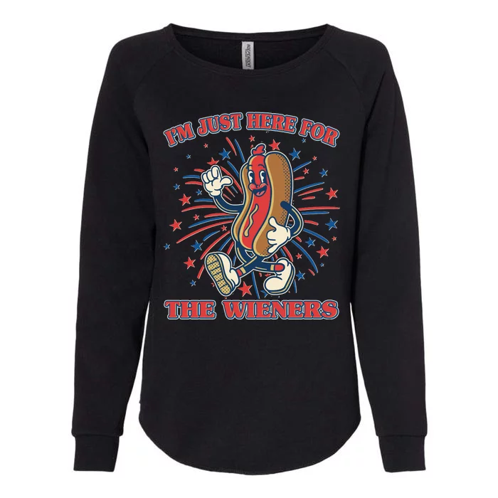 Funny 4th Of July Im Just Here For The Wieners Retro Cartoon Hotdog Womens California Wash Sweatshirt