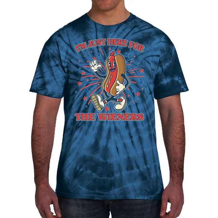 Funny 4th Of July Im Just Here For The Wieners Retro Cartoon Hotdog Tie-Dye T-Shirt