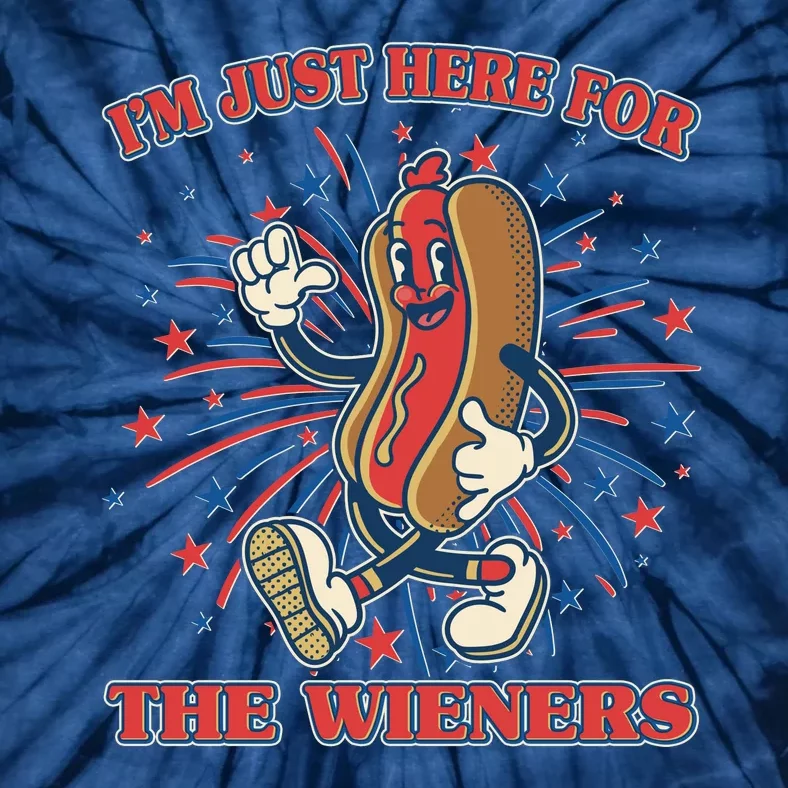 Funny 4th Of July Im Just Here For The Wieners Retro Cartoon Hotdog Tie-Dye T-Shirt